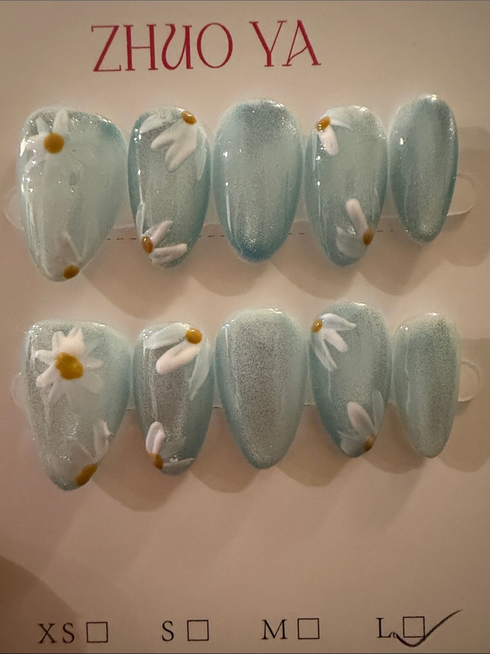 Light Blue Cateye with Daisy handmade acrylic Press-On Nails